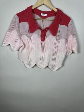 Storia Womens Sweater Crochet Crop Top Scallop Hem L Preppy Cottage 100% Cotton